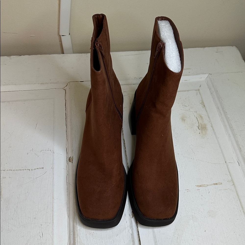 Sun + Stone Chestnut Faux Suede Block Heel Boots - Picture 2 of 4
